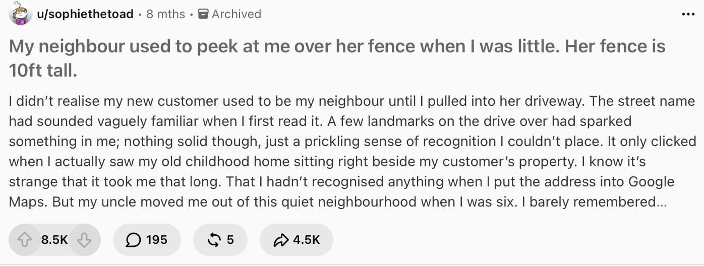A top r/nosleep story: 8.5K upvotes, 195 comments, 4.5K shares